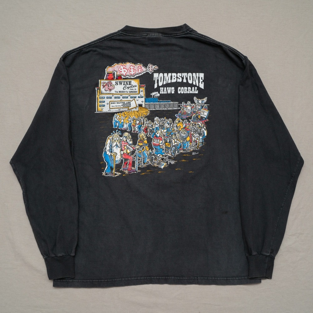 Vintage Y2k Tombstone AZ Hog Corral Long Sleeve Black Faded T Shirt Distressed L